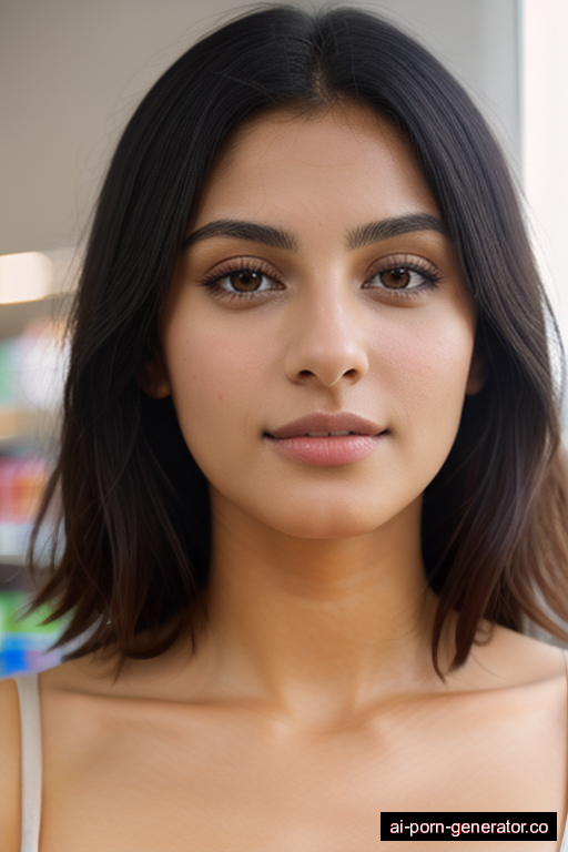 middle eastern average built young-adult woman with small boobs and dark hair of shoulder length, standing in supermarket, wearing naked, with shaved pussy