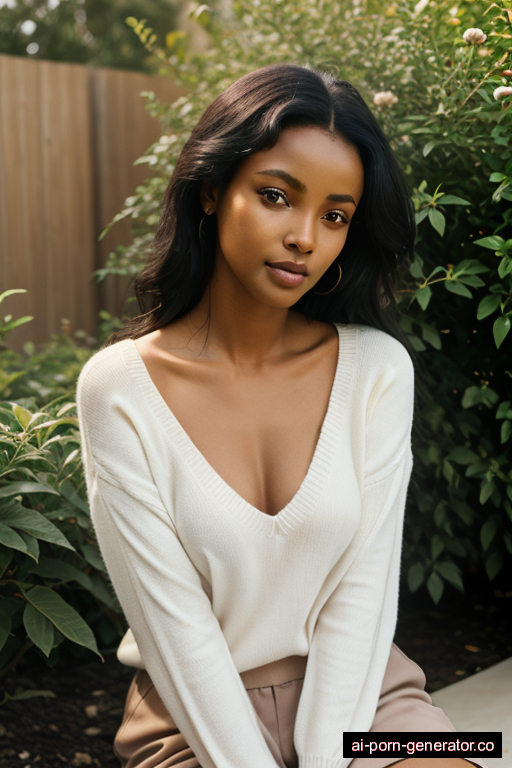 ethiopian skinny adult woman with small boobs and black hair of shoulder length, sitting in garden, wearing sweater, with shaved pussy