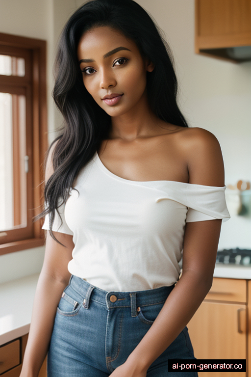 ethiopian skinny adult woman with medium boobs and black hair of shoulder length, splitting legs in kitchen, wearing shirt, with shaved pussy