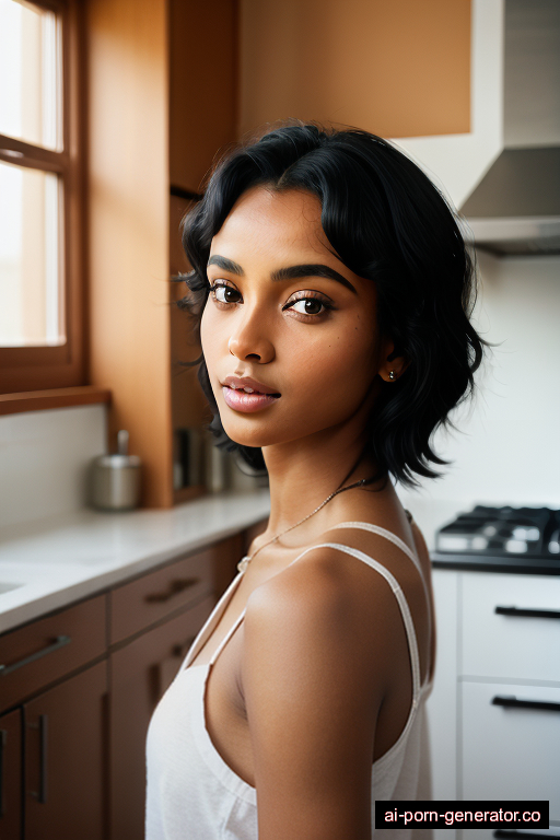 ethiopian athletic young-adult woman with medium boobs and black hair of shoulder length, bending over in kitchen, wearing shirt, with shaved pussy