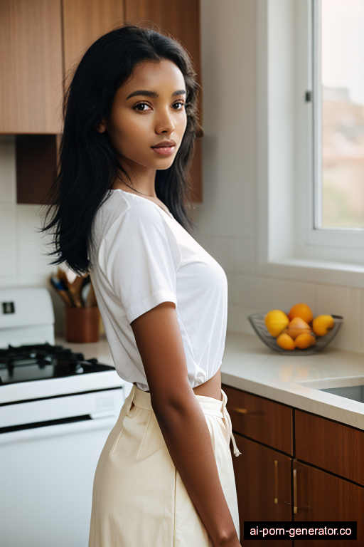 ethiopian skinny young-adult woman with small boobs and black hair of shoulder length, standing in kitchen, wearing shirt, with shaved pussy