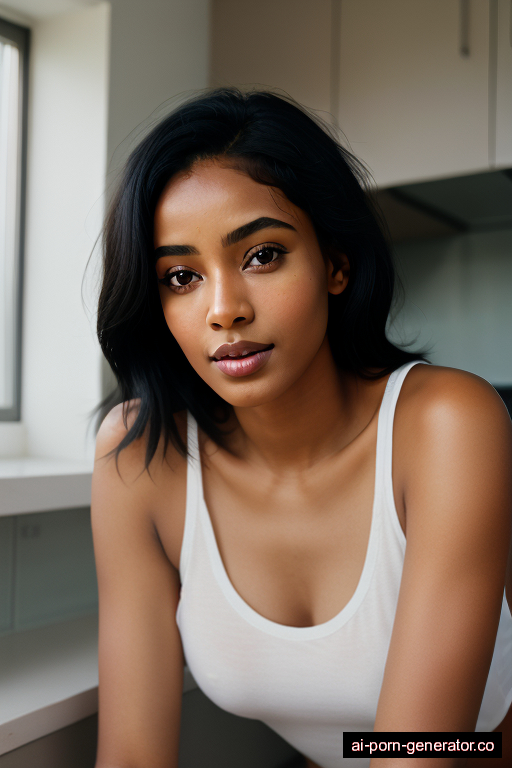 ethiopian athletic adult woman with small boobs and black hair of shoulder length, lying down in kitchen, wearing shirt, with shaved pussy