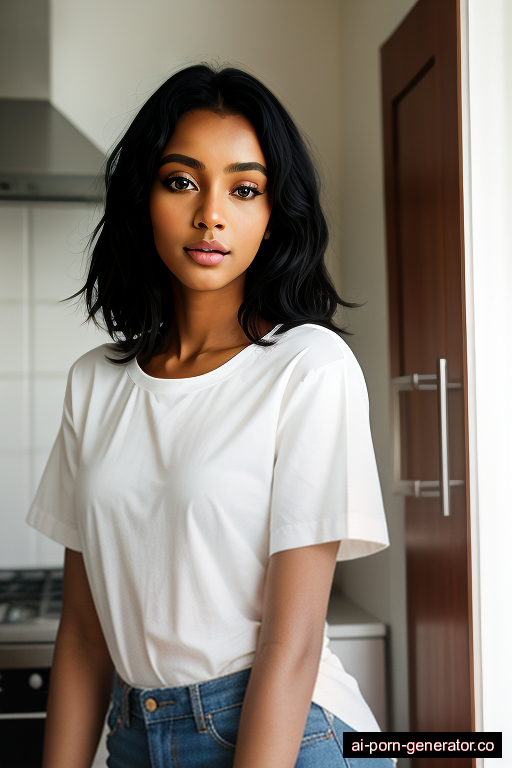 ethiopian skinny young-adult woman with small boobs and black hair of shoulder length, standing in kitchen, wearing shirt, with shaved pussy