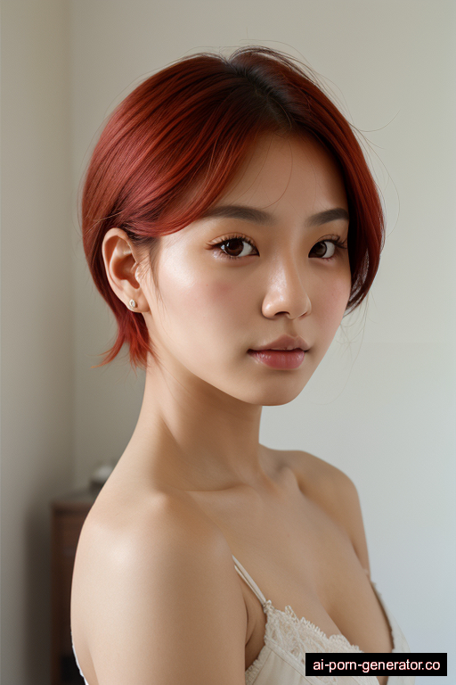 korean average built young-adult woman with medium boobs and red hair of shoulder length, bending over in bedroom, wearing naked, with shaved pussy