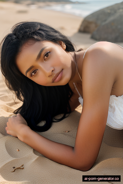 ethiopian skinny young-adult woman with medium boobs and black hair of shoulder length, lying down in beach, wearing dress, with shaved pussy