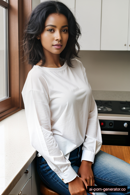 ethiopian skinny adult woman with medium boobs and black hair of shoulder length, sitting in kitchen, wearing shirt, with shaved pussy