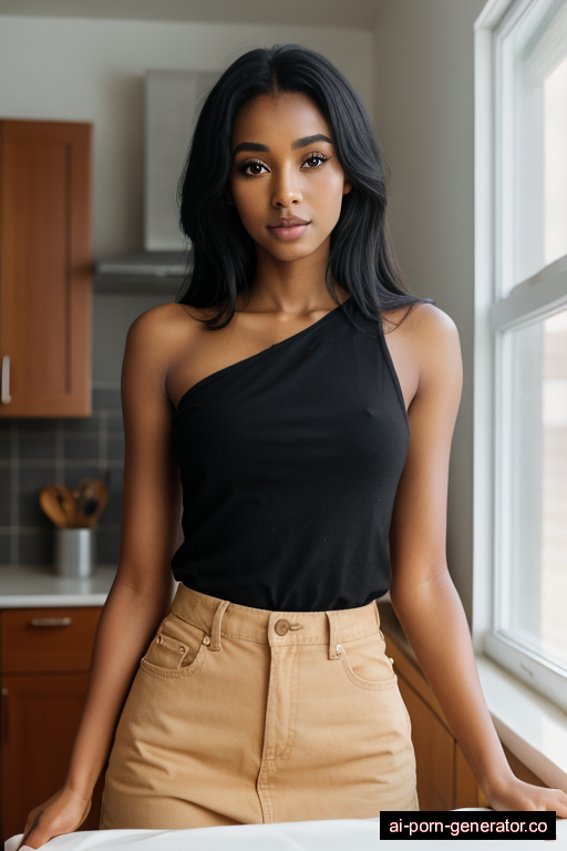 ethiopian skinny young-adult woman with medium boobs and black hair of shoulder length, splitting legs in kitchen, wearing shirt, with shaved pussy