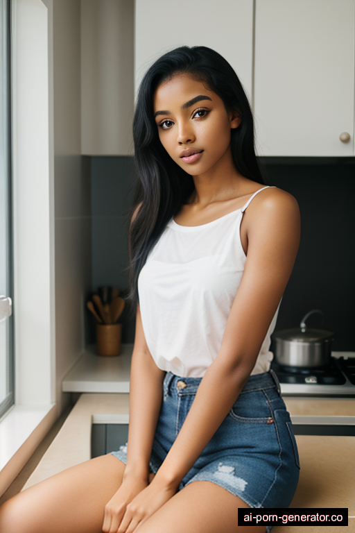 ethiopian average built teen woman with small boobs and black hair of shoulder length, sitting in kitchen, wearing shirt, with shaved pussy