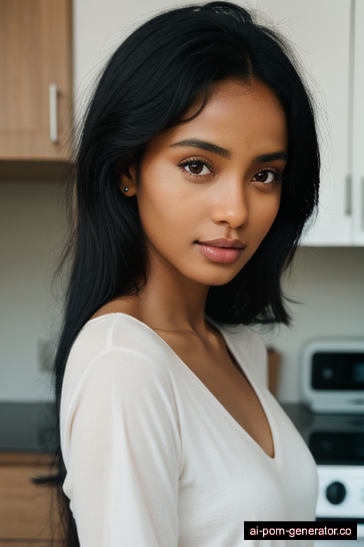 ethiopian average built young-adult woman with small boobs and black hair of shoulder length, bending over in kitchen, wearing shirt, with shaved pussy