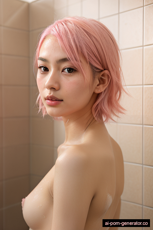 japanese skinny young-adult woman with small boobs and pink hair of shoulder length, splitting legs in shower, wearing naked, with shaved pussy