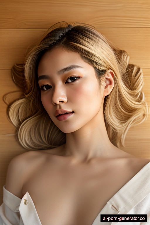 korean skinny adult woman with small boobs and blonde hair of shoulder length, lying down in beach, wearing bathrobe, with shaved pussy