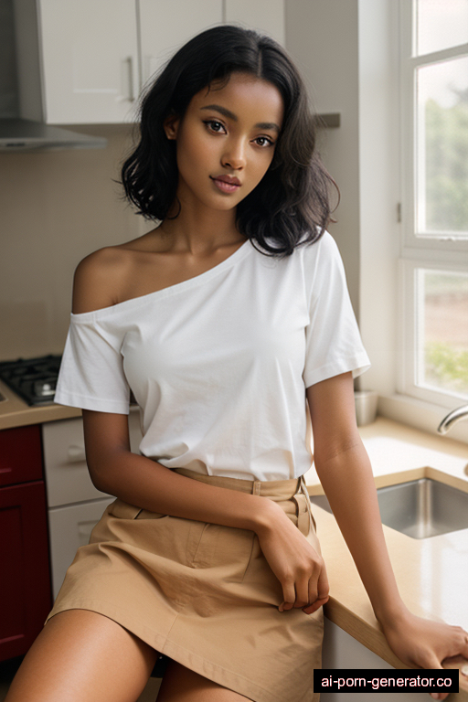 ethiopian skinny young-adult woman with small boobs and black hair of shoulder length, sitting in kitchen, wearing shirt, with shaved pussy