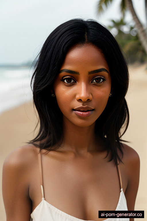 ethiopian skinny adult woman with medium boobs and black hair of shoulder length, standing in beach, wearing dress, with shaved pussy