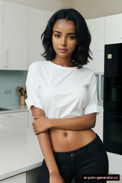 ethiopian athletic adult woman with small boobs and black hair of shoulder length, standing in kitchen, wearing shirt, with shaved pussy