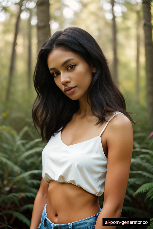 black skinny adult woman with medium boobs and dark hair of shoulder length, standing in forest, wearing shirt, with shaved pussy