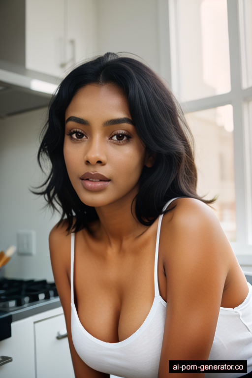 ethiopian average built adult woman with medium boobs and black hair of shoulder length, lying down in kitchen, wearing shirt, with shaved pussy