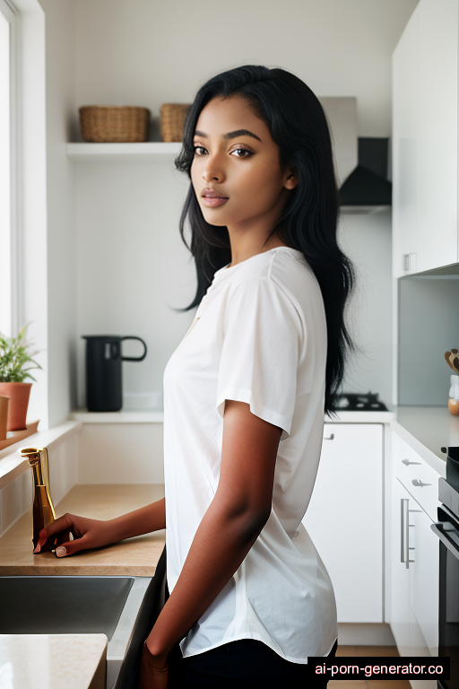 ethiopian athletic young-adult woman with medium boobs and black hair of shoulder length, standing in kitchen, wearing shirt, with shaved pussy