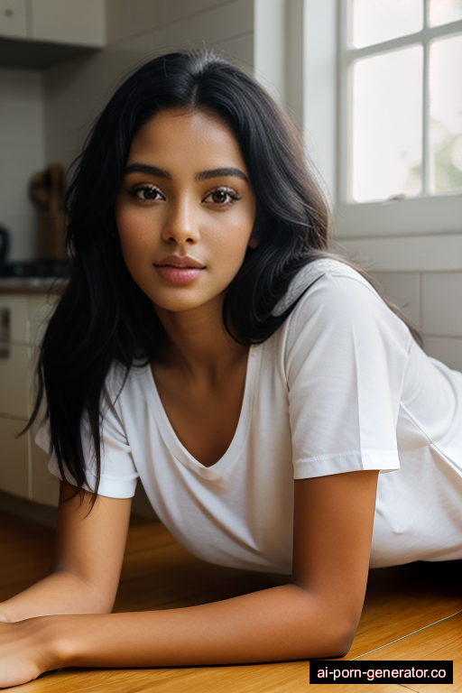 ethiopian athletic young-adult woman with small boobs and black hair of shoulder length, lying down in kitchen, wearing shirt, with shaved pussy