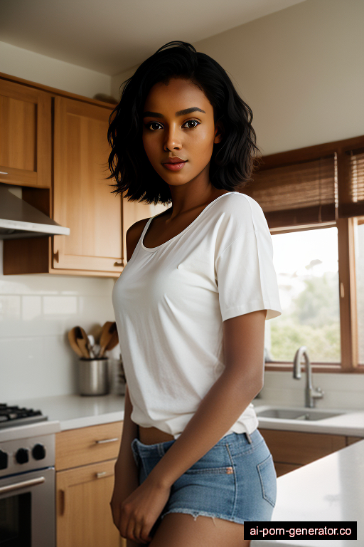 ethiopian athletic young-adult woman with small boobs and black hair of shoulder length, bending over in kitchen, wearing shirt, with shaved pussy