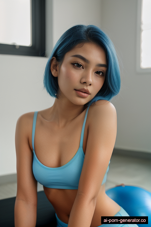 indonesian average built young-adult woman with small boobs and blue hair of shoulder length, lying down in gym, wearing naked, with shaved pussy