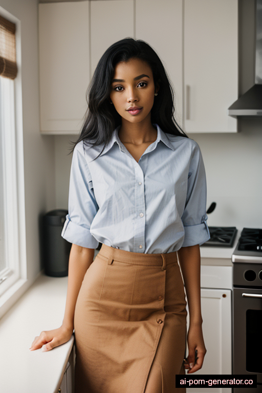 ethiopian skinny young-adult woman with medium boobs and black hair of shoulder length, standing in kitchen, wearing shirt, with shaved pussy