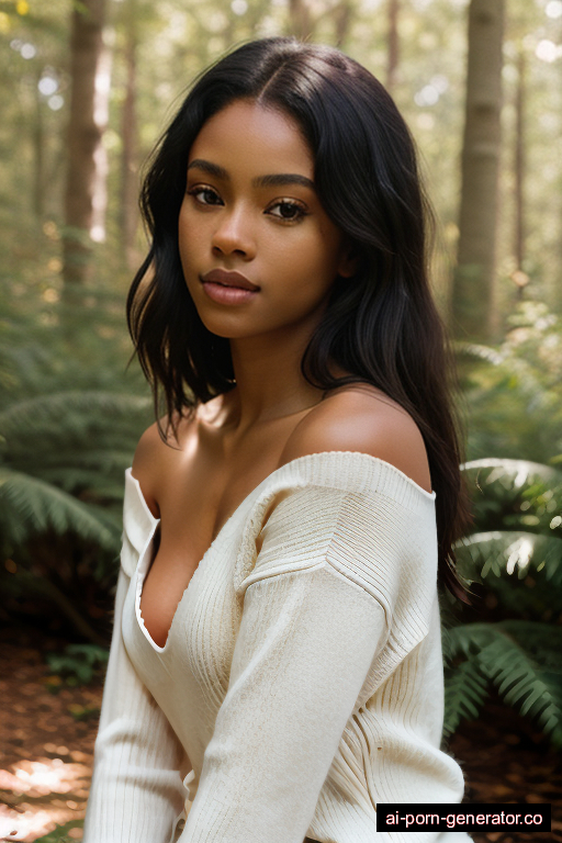 black skinny teen woman with small boobs and dark hair of shoulder length, bending over in forest, wearing sweater, with shaved pussy