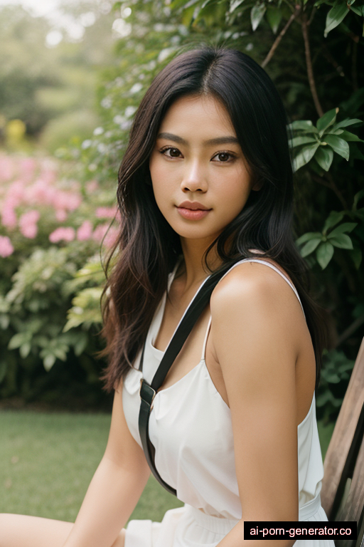 south-east asian average built young-adult woman with small boobs and dark hair of shoulder length, sitting in garden, wearing harness, with shaved pussy