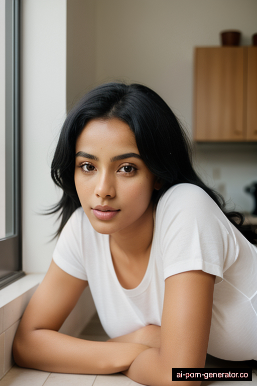 ethiopian athletic young-adult woman with medium boobs and black hair of shoulder length, lying down in kitchen, wearing shirt, with shaved pussy