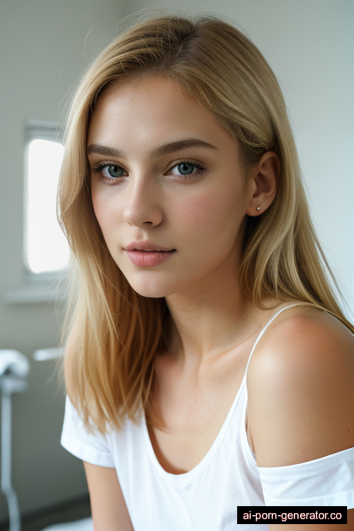 white average built teen woman with small boobs and blonde hair of shoulder length, sitting in hospital, wearing t-shirt, with shaved pussy