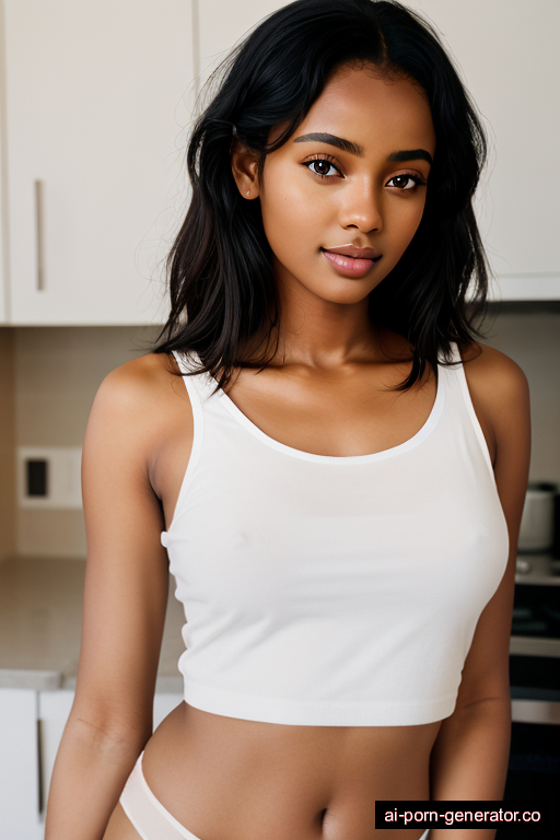 ethiopian athletic teen woman with small boobs and black hair of shoulder length, standing in kitchen, wearing shirt, with shaved pussy