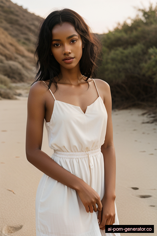 ethiopian skinny young-adult woman with medium boobs and black hair of shoulder length, bending over in beach, wearing dress, with shaved pussy