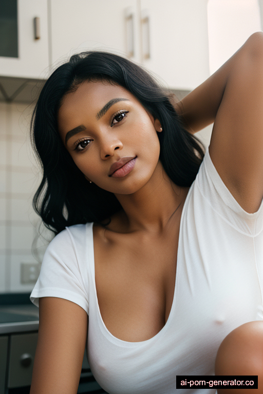 ethiopian skinny adult woman with medium boobs and black hair of shoulder length, lying down in kitchen, wearing shirt, with shaved pussy