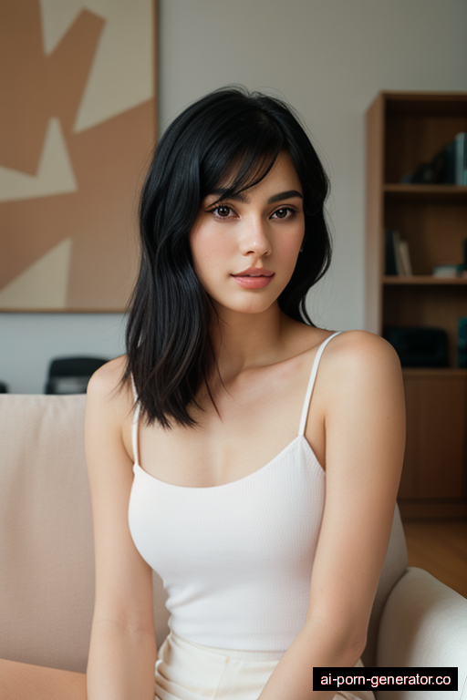 white average built young-adult woman with medium boobs and black hair of shoulder length, sitting in living room, wearing naked, with shaved pussy