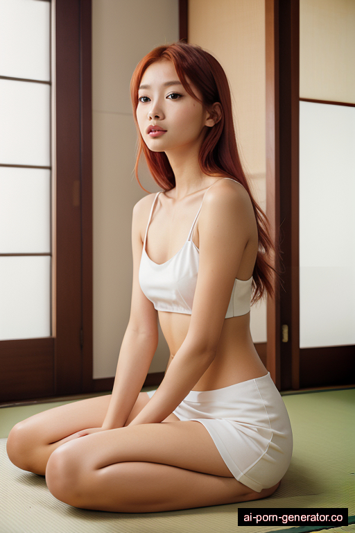 japanese skinny young-adult woman with small boobs and red hair of shoulder length, sitting in bedroom, wearing lingerie, with shaved pussy