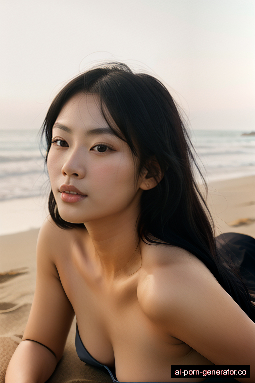 chinese athletic young-adult woman with medium boobs and black hair of shoulder length, lying down in beach, wearing swimsuit, with shaved pussy