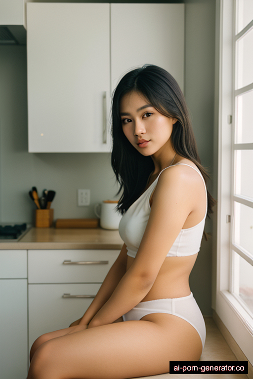 south-east asian average built young-adult woman with medium boobs and dark hair of shoulder length, sitting in kitchen, wearing panties only, with shaved pussy