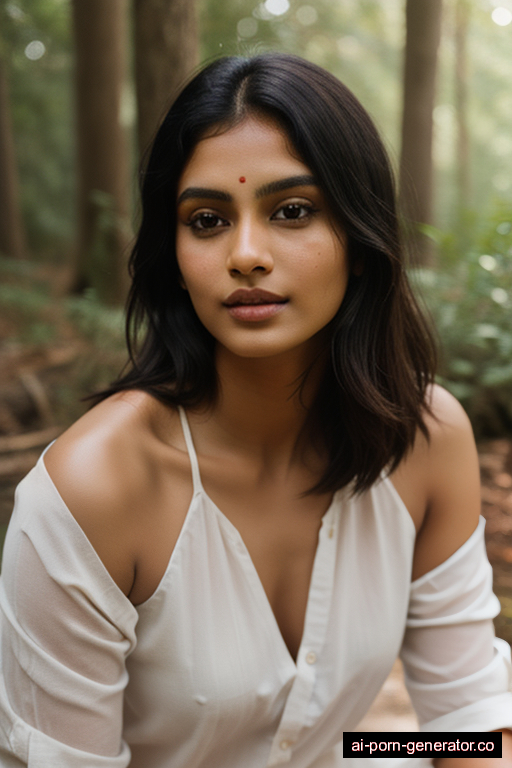 indian average built young-adult woman with medium boobs and dark hair of shoulder length, sitting in forest, wearing naked, with shaved pussy