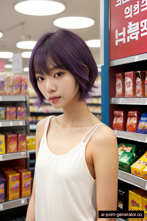 korean skinny young-adult woman with small boobs and purple hair of shoulder length, splitting legs in supermarket, wearing naked, with shaved pussy