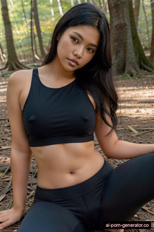 filipino athletic teen woman with small boobs and black hair of shoulder length, sitting in forest, wearing yoga pants, with shaved pussy