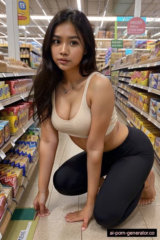 indonesian average built young-adult woman with medium boobs and dark hair of shoulder length, on her knees in supermarket, wearing yoga pants, with shaved pussy