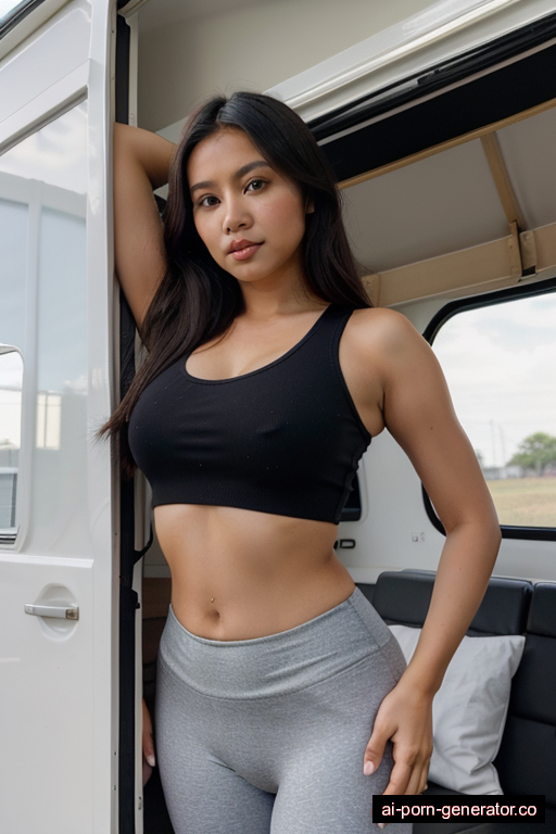 indonesian average built young-adult woman with medium boobs and dark hair of shoulder length, standing in camper van, wearing yoga pants, with shaved pussy