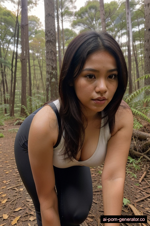 indonesian average built young-adult woman with medium boobs and dark hair of shoulder length, bending over in forest, wearing yoga pants, with shaved pussy