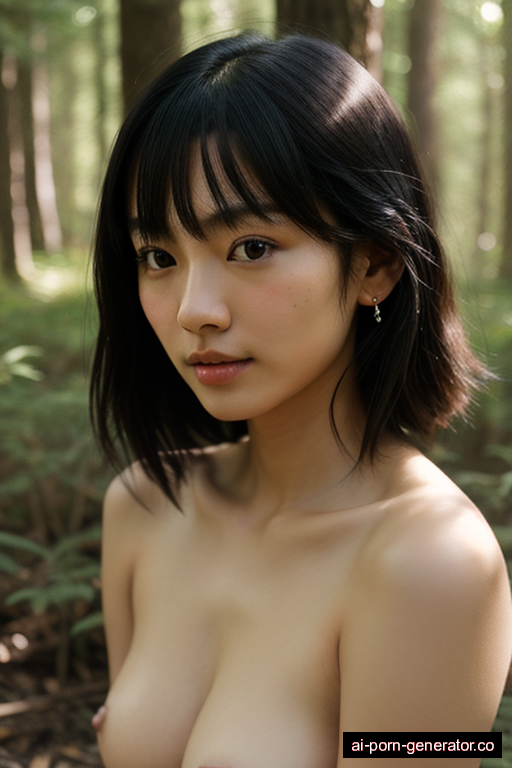 japanese skinny teen woman with medium boobs and dark hair of shoulder length, sitting in forest, wearing naked, with shaved pussy