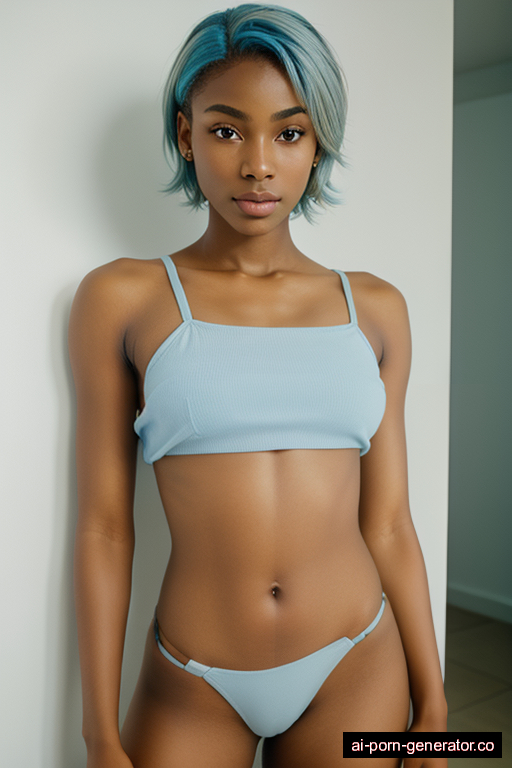 nigerian athletic young-adult woman with small boobs and blue hair of shoulder length, bending over in bedroom, wearing naked, with shaved pussy