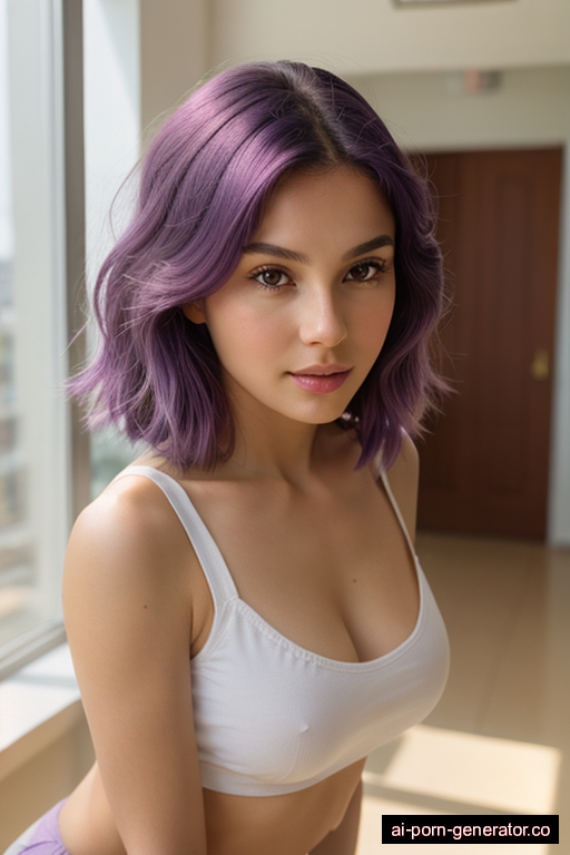 white skinny adult woman with medium boobs and purple hair of shoulder length, bending over in classroom, wearing crop top, with shaved pussy