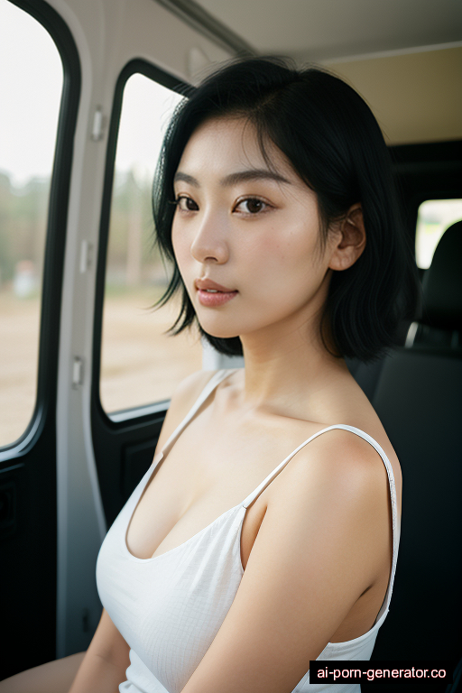 korean average built young-adult woman with large boobs and black hair of shoulder length, splitting legs in camper van, wearing naked, with shaved pussy