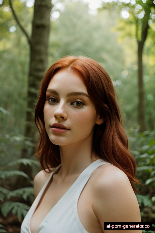 white athletic young-adult woman with medium boobs and red hair of shoulder length, bending over in forest, wearing lingerie, with shaved pussy