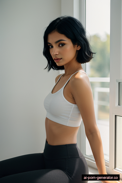 mexican skinny young-adult woman with small boobs and black hair of shoulder length, sitting in classroom, wearing yoga pants, with shaved pussy