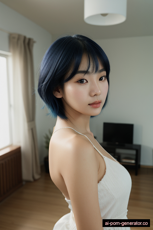 korean average built young-adult woman with small boobs and blue hair of shoulder length, standing in living room, wearing panties only, with shaved pussy