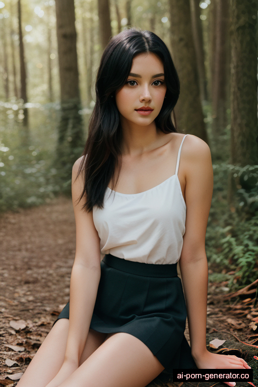 white skinny teen woman with medium boobs and black hair of shoulder length, sitting in forest, wearing skirt, with shaved pussy